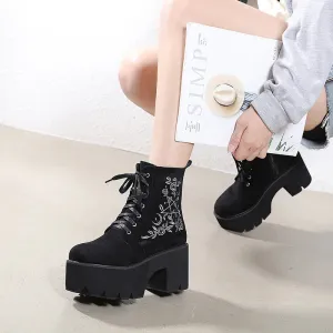 Retro Embroidered Flower Lace-up Vegan Leather Chunky Heel Ankle Boots