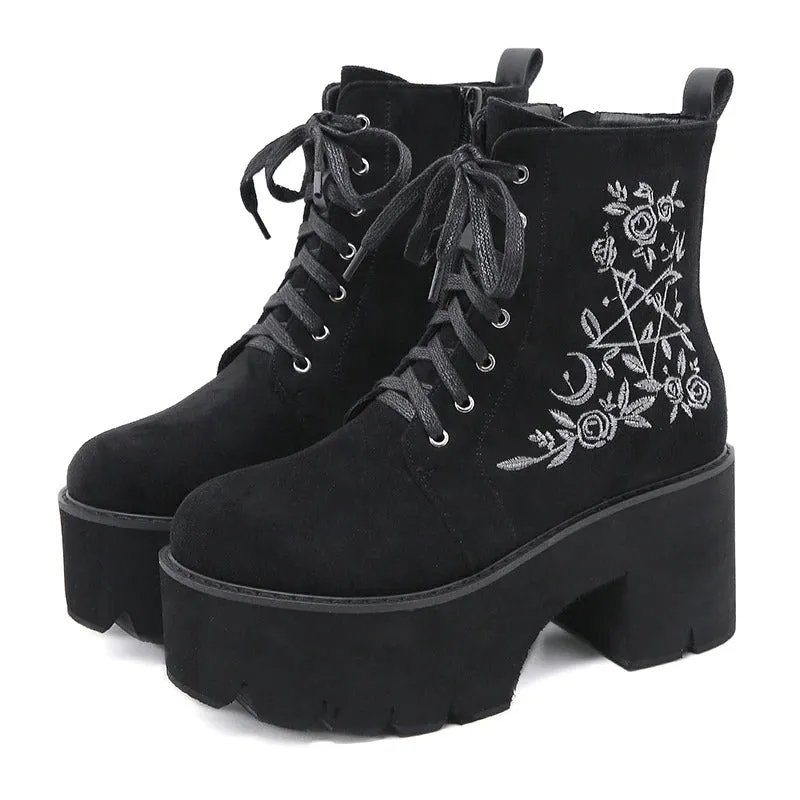 Retro Embroidered Flower Lace-up Vegan Leather Chunky Heel Ankle Boots