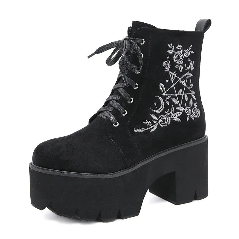 Retro Embroidered Flower Lace-up Vegan Leather Chunky Heel Ankle Boots