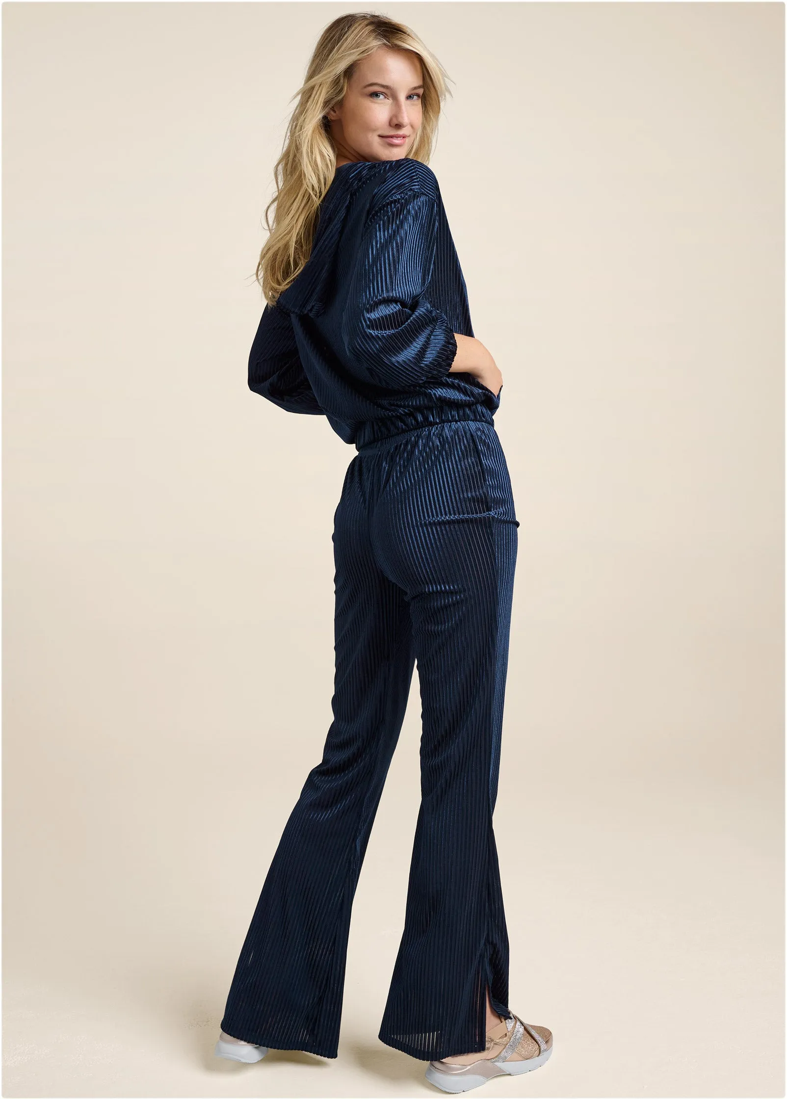 Ribbed Velvet Pant Set - Navy