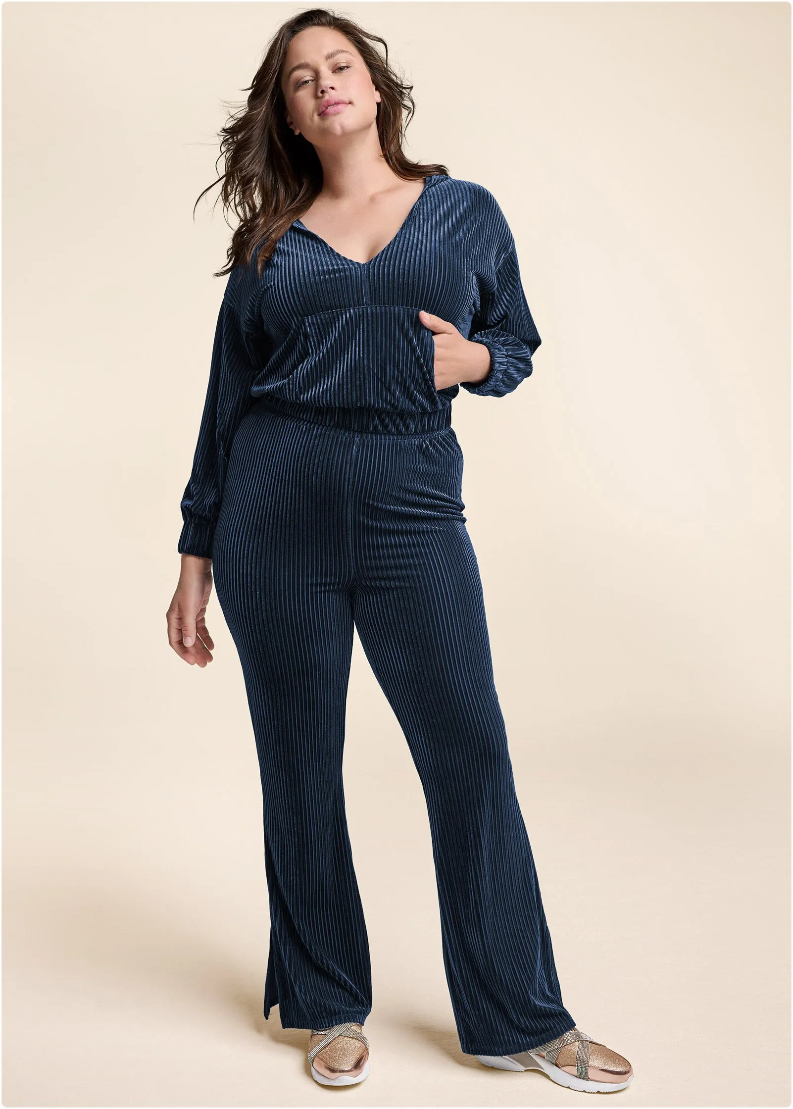 Ribbed Velvet Pant Set - Navy