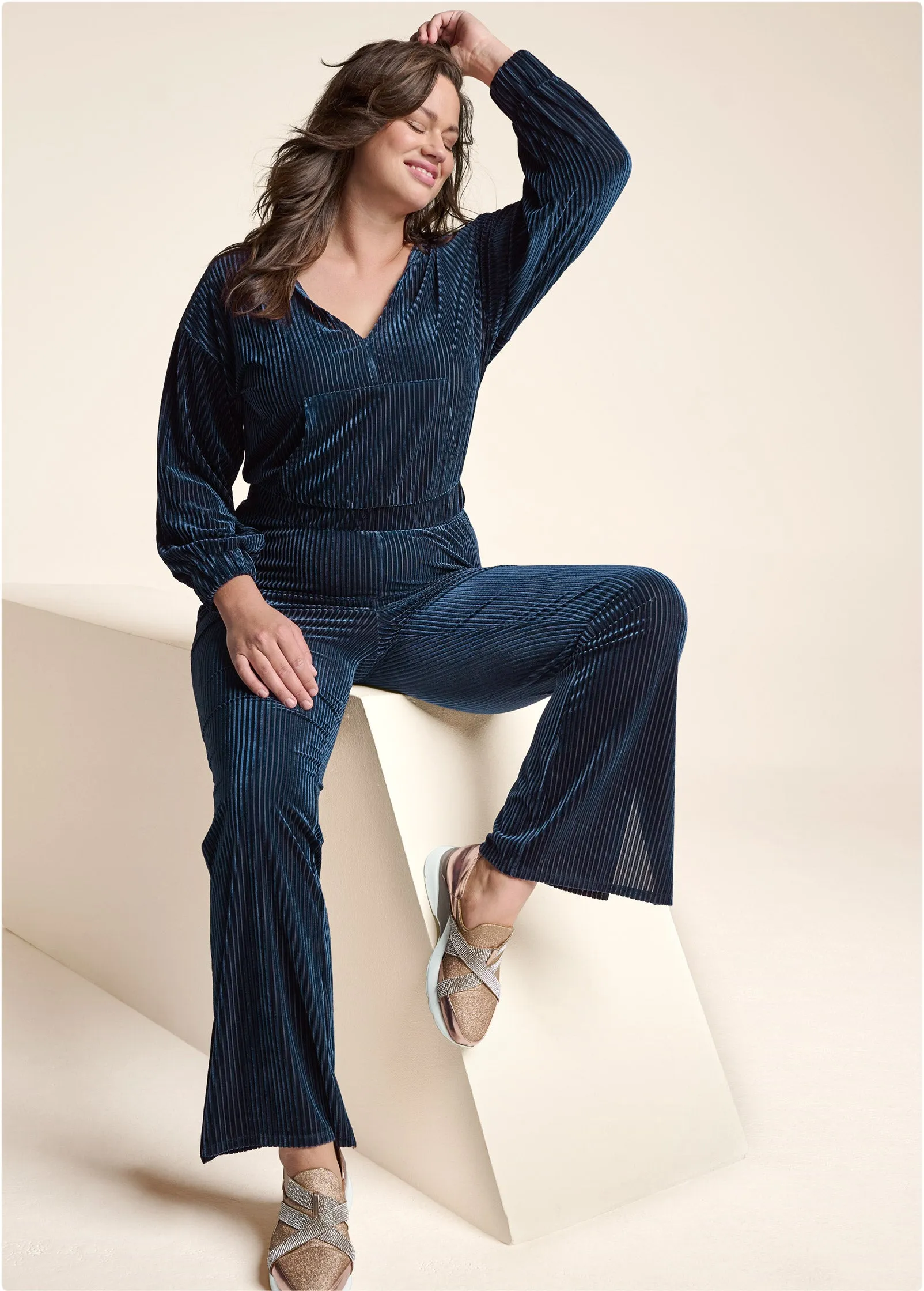 Ribbed Velvet Pant Set - Navy