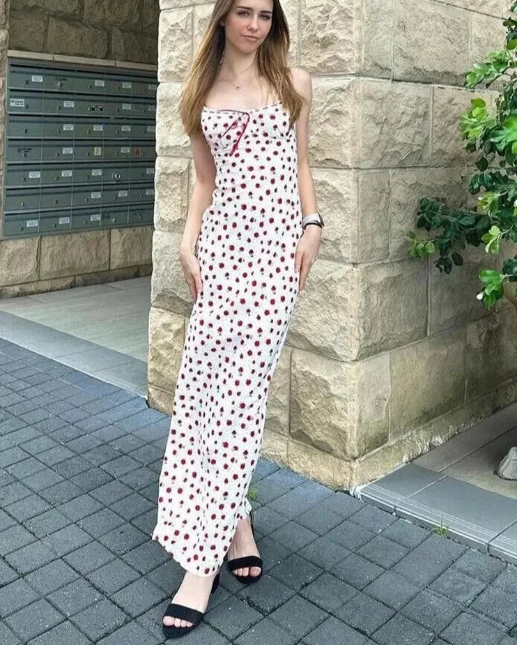 Rose Print Trend Maxi Dresses Women Summer Hipster Suspendency Bandage Straight Bodycons Female Concise Street Vestidos