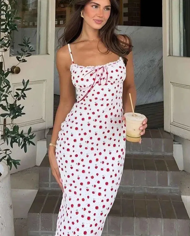 Rose Print Trend Maxi Dresses Women Summer Hipster Suspendency Bandage Straight Bodycons Female Concise Street Vestidos