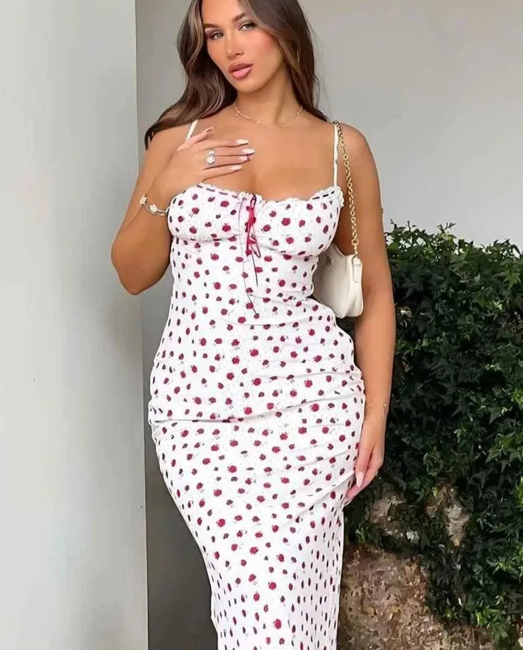 Rose Print Trend Maxi Dresses Women Summer Hipster Suspendency Bandage Straight Bodycons Female Concise Street Vestidos