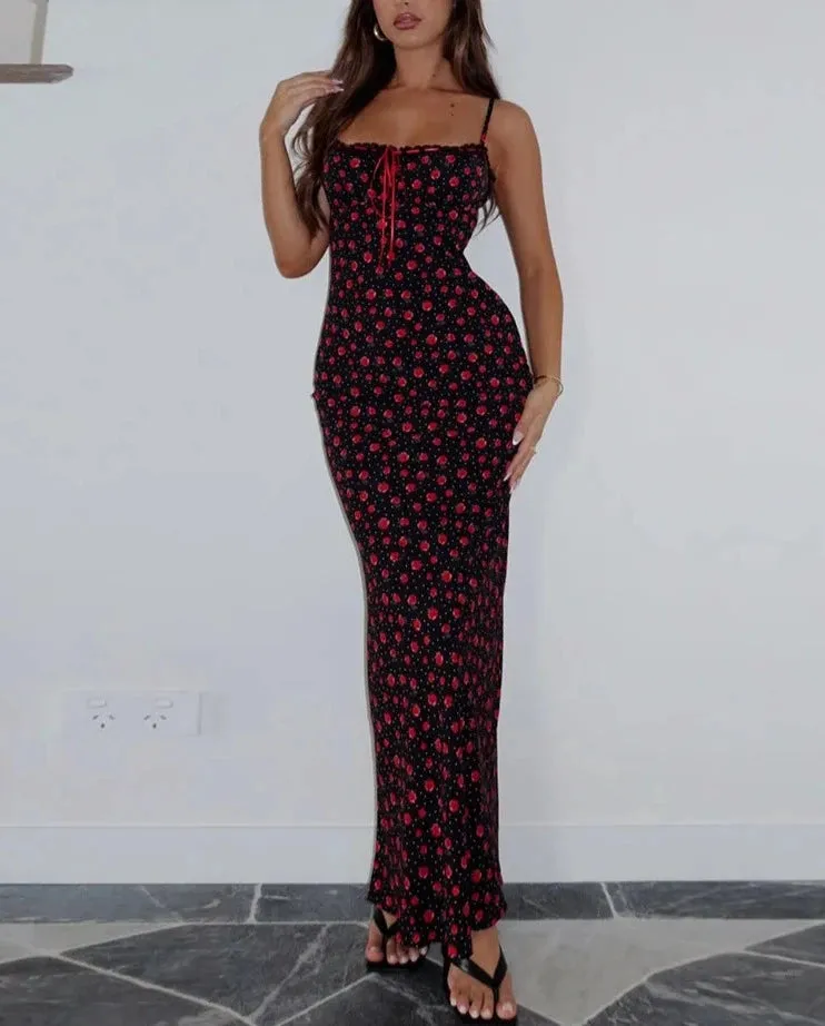 Rose Print Trend Maxi Dresses Women Summer Hipster Suspendency Bandage Straight Bodycons Female Concise Street Vestidos