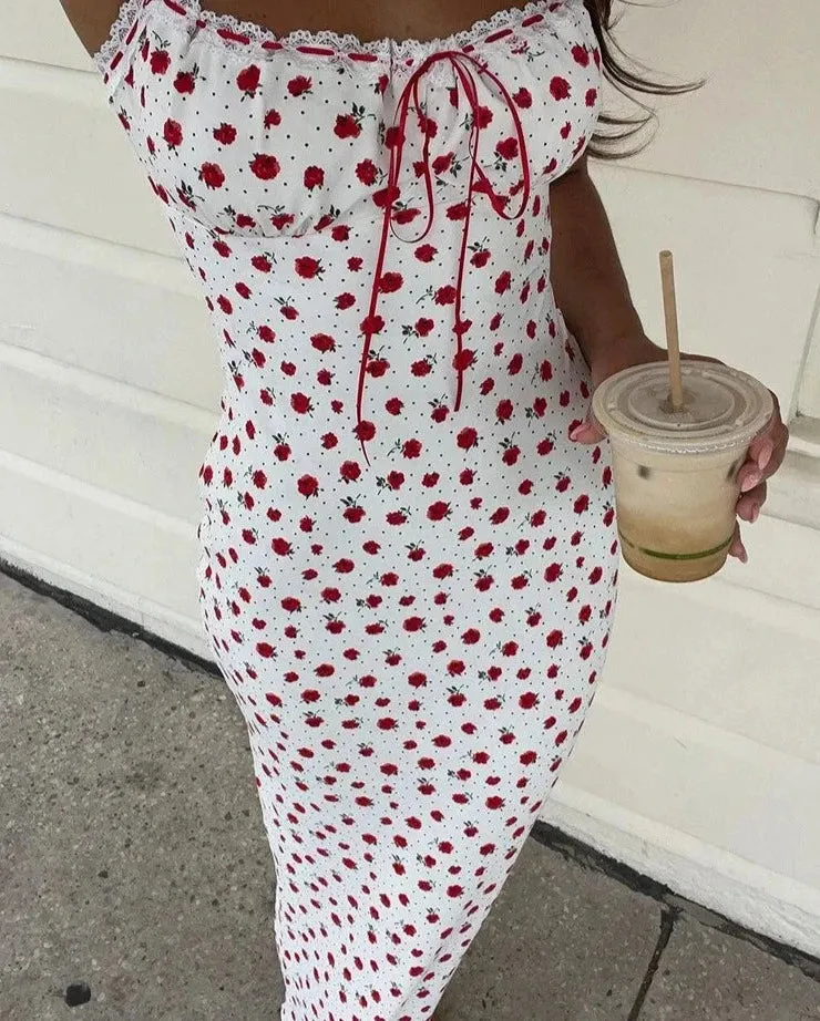 Rose Print Trend Maxi Dresses Women Summer Hipster Suspendency Bandage Straight Bodycons Female Concise Street Vestidos