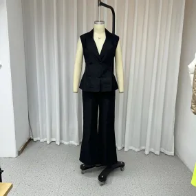 Solid Elegant Two Piece Sets For Women Lapel Sleeveless Spliced Button Tops High Waist Flare Pants Temperament Set Female