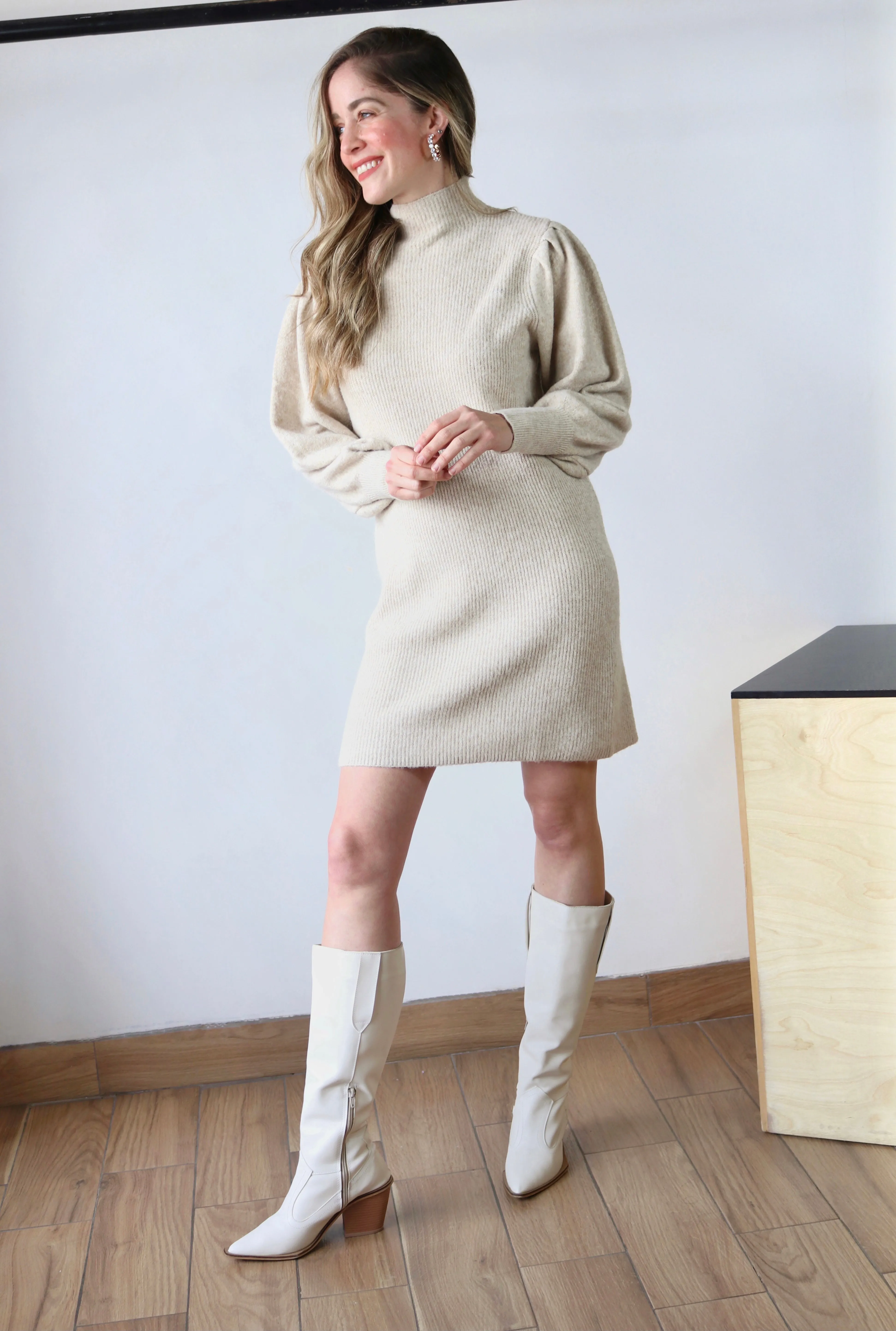 Solid Mock Neck Knit Sweater Dress