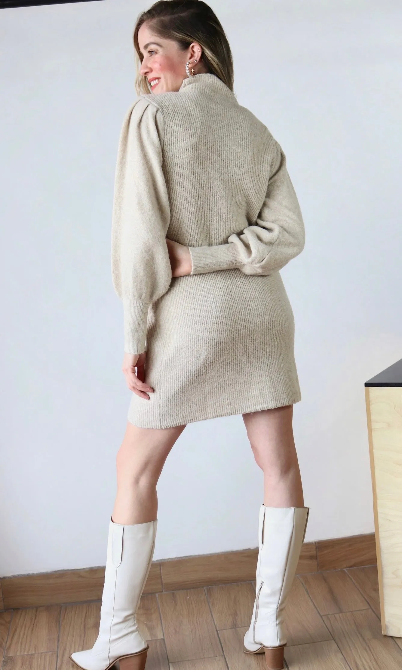 Solid Mock Neck Knit Sweater Dress