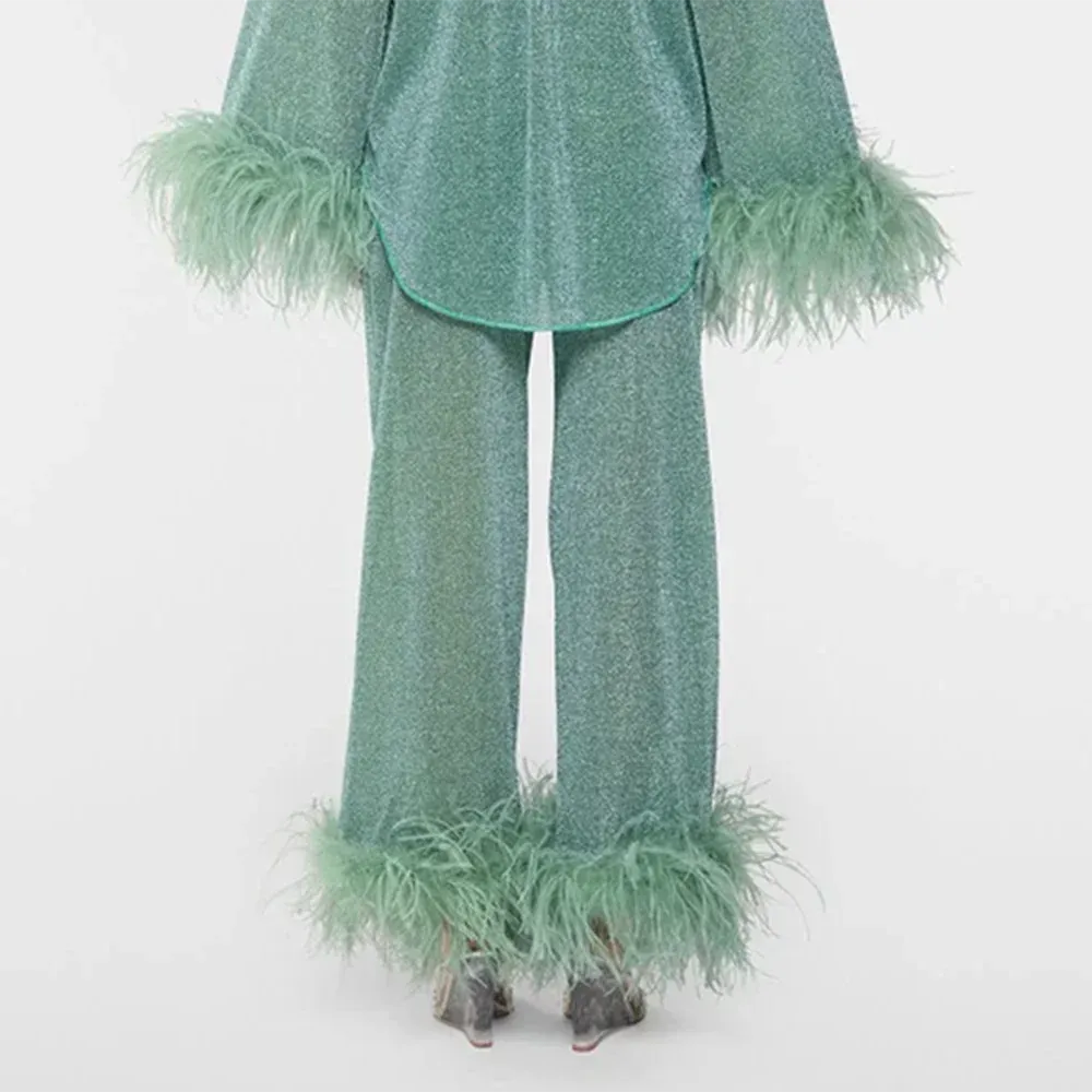 Solid Spliced Drawstring Loose Pants For Women High Waist Casual Patchwork Feathers Chic Trouser Female Fashion Style