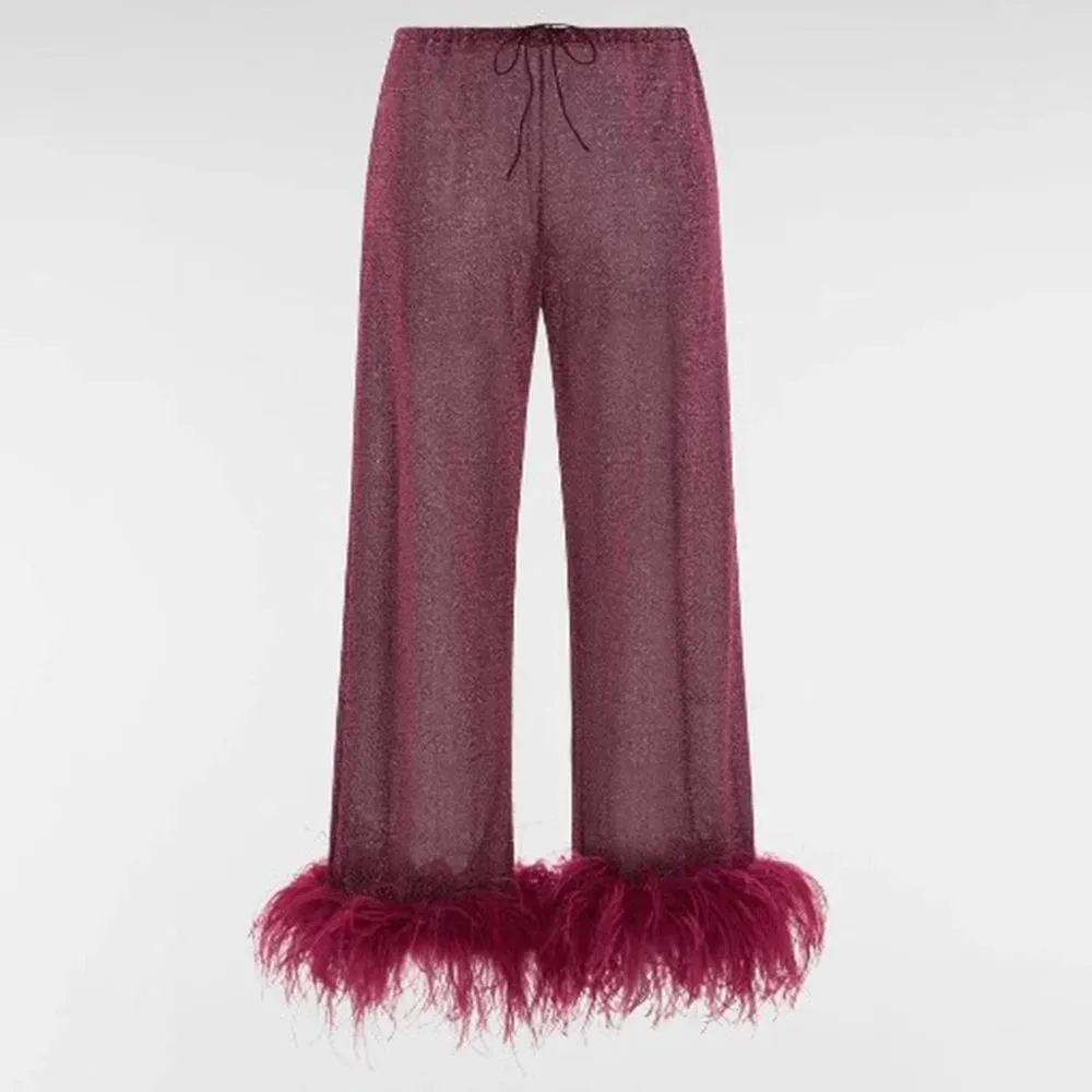 Solid Spliced Drawstring Loose Pants For Women High Waist Casual Patchwork Feathers Chic Trouser Female Fashion Style