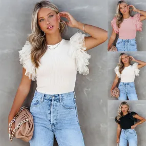 Spring And Summer New Knitted Stitching Mesh Ruffle Sleeve Top European And American Solid Color Round Neck Pullover