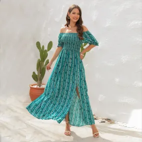 Spring And Summer New Vertical Stripes Floral Print Slit Waist Dress