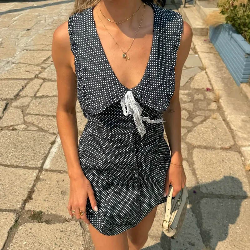 TAVIMART  -  Hot Selling Women's Clothing Summer New Fashionable Temperament Polka Dot Print Breasted Slim Sleeveless Dress