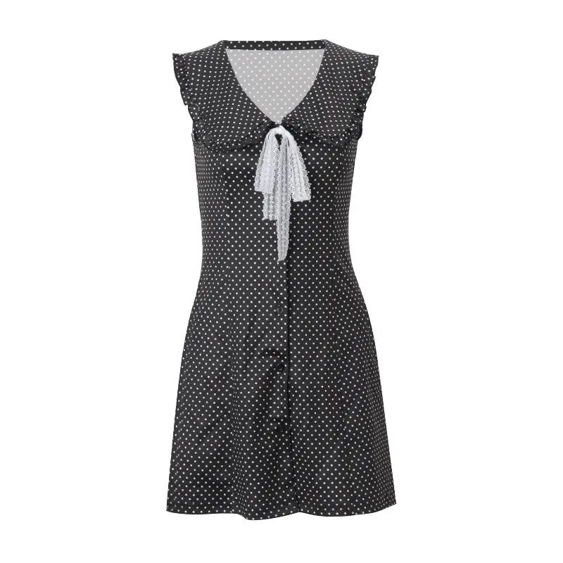 TAVIMART  -  Hot Selling Women's Clothing Summer New Fashionable Temperament Polka Dot Print Breasted Slim Sleeveless Dress