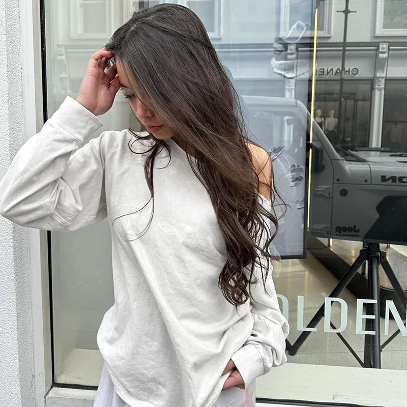 TAVIMART  -  Street Style Personalized Slant Shoulder Design Loose Slimming Solid Color Thin Sweater Basic Versatile Casual Top
