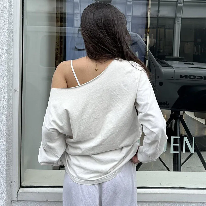 TAVIMART  -  Street Style Personalized Slant Shoulder Design Loose Slimming Solid Color Thin Sweater Basic Versatile Casual Top