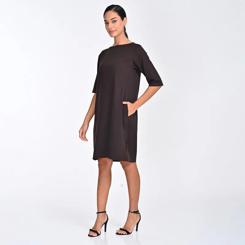 Tencel Dress For Women | Boat Neck | Straight Fit | Coffee Brown