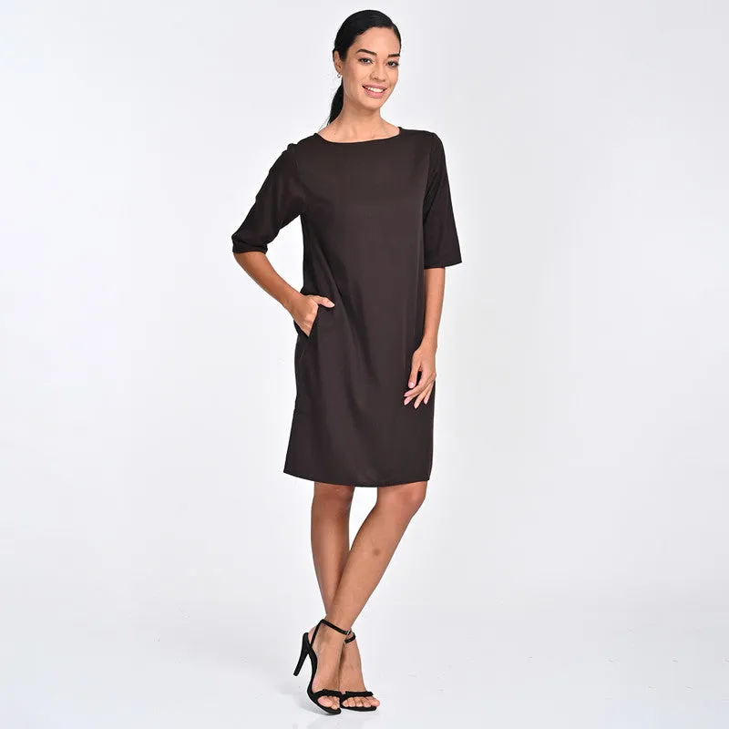 Tencel Dress For Women | Boat Neck | Straight Fit | Coffee Brown