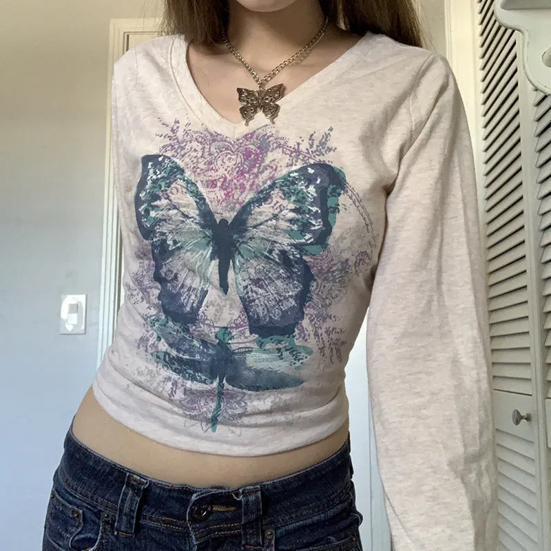 Territory 90s streetwear Women's Butterfly Print T-shirt Chicken Collar Top Long Sleeve Short Outer Wear Hot Girl Y2K Inner Wear