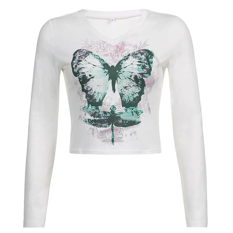 Territory 90s streetwear Women's Butterfly Print T-shirt Chicken Collar Top Long Sleeve Short Outer Wear Hot Girl Y2K Inner Wear