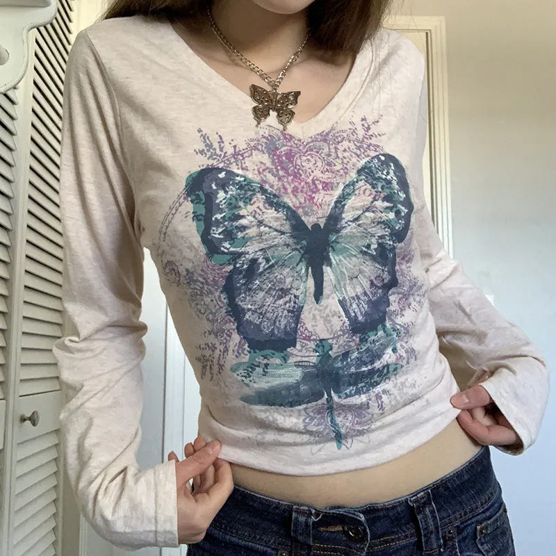 Territory 90s streetwear Women's Butterfly Print T-shirt Chicken Collar Top Long Sleeve Short Outer Wear Hot Girl Y2K Inner Wear