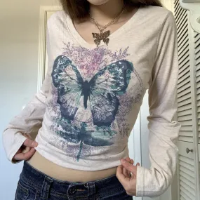 Territory 90s streetwear Women's Butterfly Print T-shirt Chicken Collar Top Long Sleeve Short Outer Wear Hot Girl Y2K Inner Wear