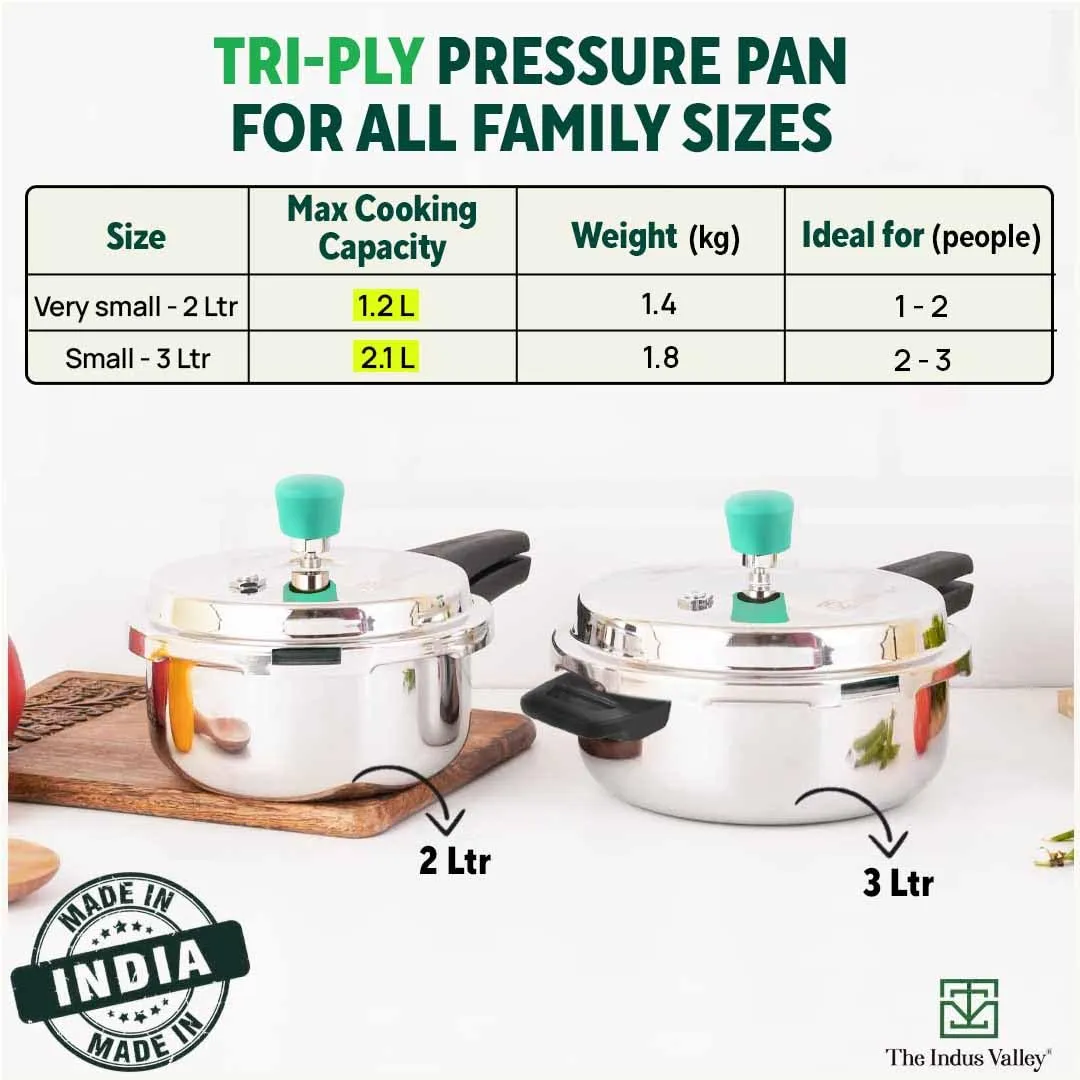 The Indus Valley Tri-ply Stainless Steel Outer Lid Pressure Pan | Small, 3 Litres, 1.8kg | Induction friendly | ISI-Certified, Nonstick 3-Layer Body, 100% Pure & Toxin-free, 5 Years Warranty