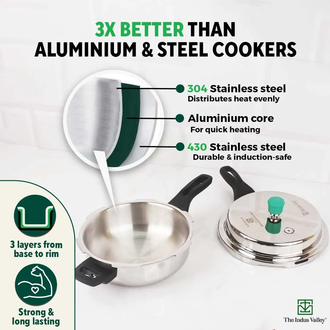The Indus Valley Tri-ply Stainless Steel Outer Lid Pressure Pan | Small, 3 Litres, 1.8kg | Induction friendly | ISI-Certified, Nonstick 3-Layer Body, 100% Pure & Toxin-free, 5 Years Warranty