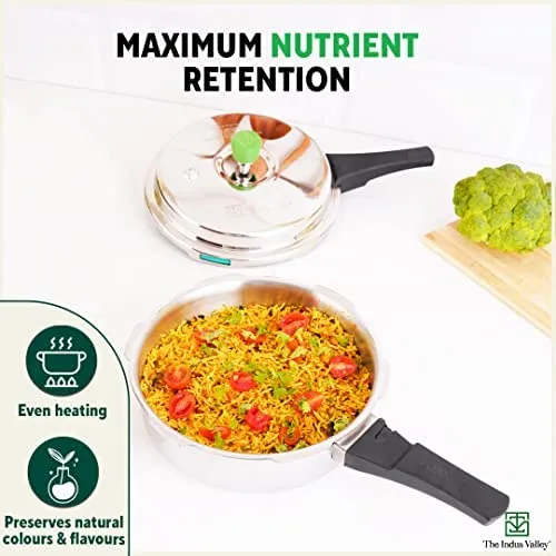 The Indus Valley Tri-ply Stainless Steel Outer Lid Pressure Pan | Small, 3 Litres, 1.8kg | Induction friendly | ISI-Certified, Nonstick 3-Layer Body, 100% Pure & Toxin-free, 5 Years Warranty