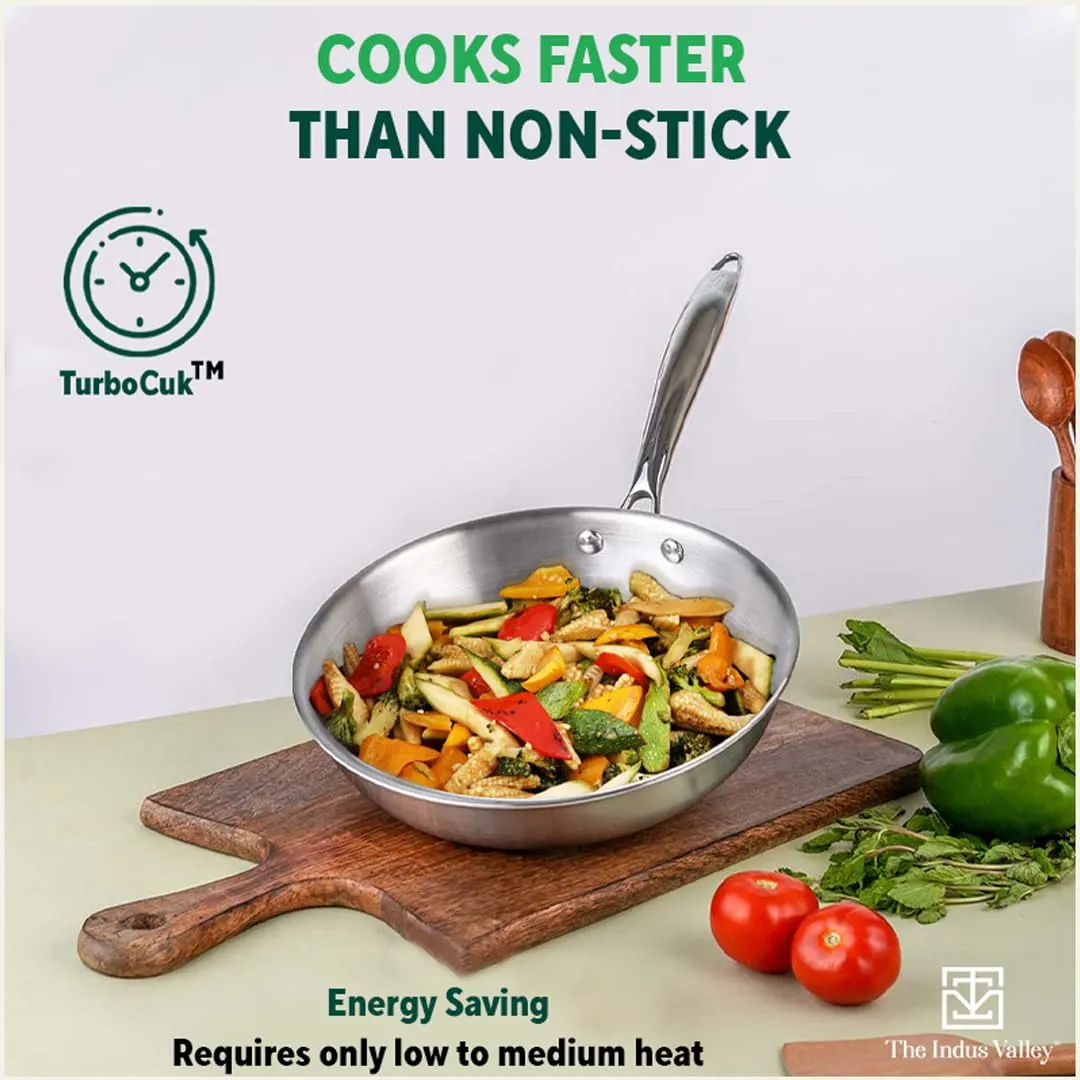 The Indus Valley Triply Stainless Steel Fry Pan with Glass Lid | Medium, 24cm/9.4 inch, 1.7Ltr, 1kg | Induction Friendly | Nonstick 3-Layer Body, 100% Pure & Toxin-Free