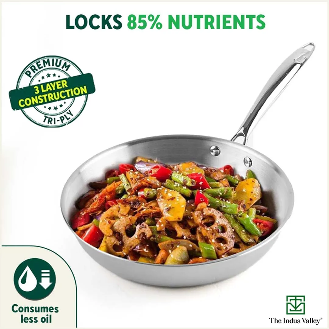 The Indus Valley Triply Stainless Steel Fry Pan with Glass Lid | Medium, 24cm/9.4 inch, 1.7Ltr, 1kg | Induction Friendly | Nonstick 3-Layer Body, 100% Pure & Toxin-Free
