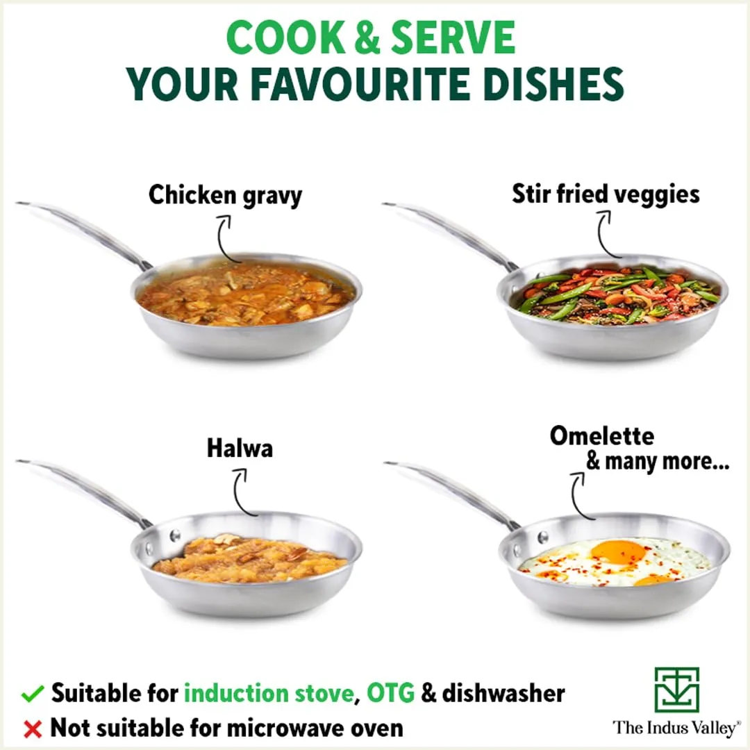 The Indus Valley Triply Stainless Steel Fry Pan with Glass Lid | Medium, 24cm/9.4 inch, 1.7Ltr, 1kg | Induction Friendly | Nonstick 3-Layer Body, 100% Pure & Toxin-Free