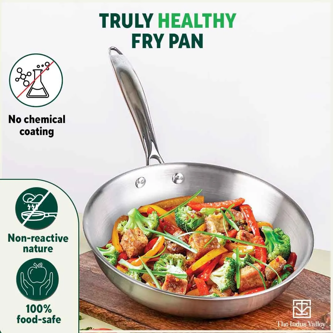 The Indus Valley Triply Stainless Steel Fry Pan with Glass Lid | Medium, 24cm/9.4 inch, 1.7Ltr, 1kg | Induction Friendly | Nonstick 3-Layer Body, 100% Pure & Toxin-Free