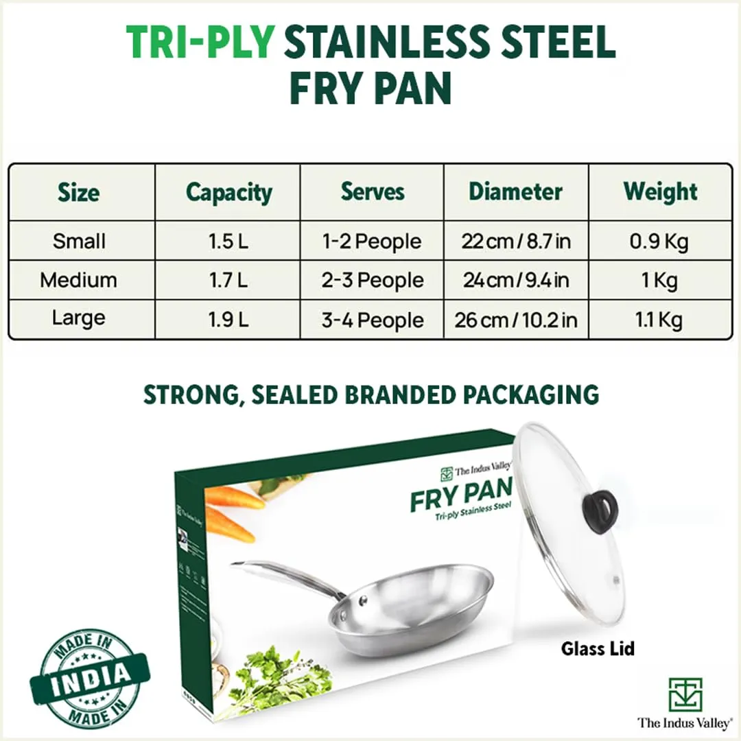 The Indus Valley Triply Stainless Steel Fry Pan with Glass Lid | Medium, 24cm/9.4 inch, 1.7Ltr, 1kg | Induction Friendly | Nonstick 3-Layer Body, 100% Pure & Toxin-Free