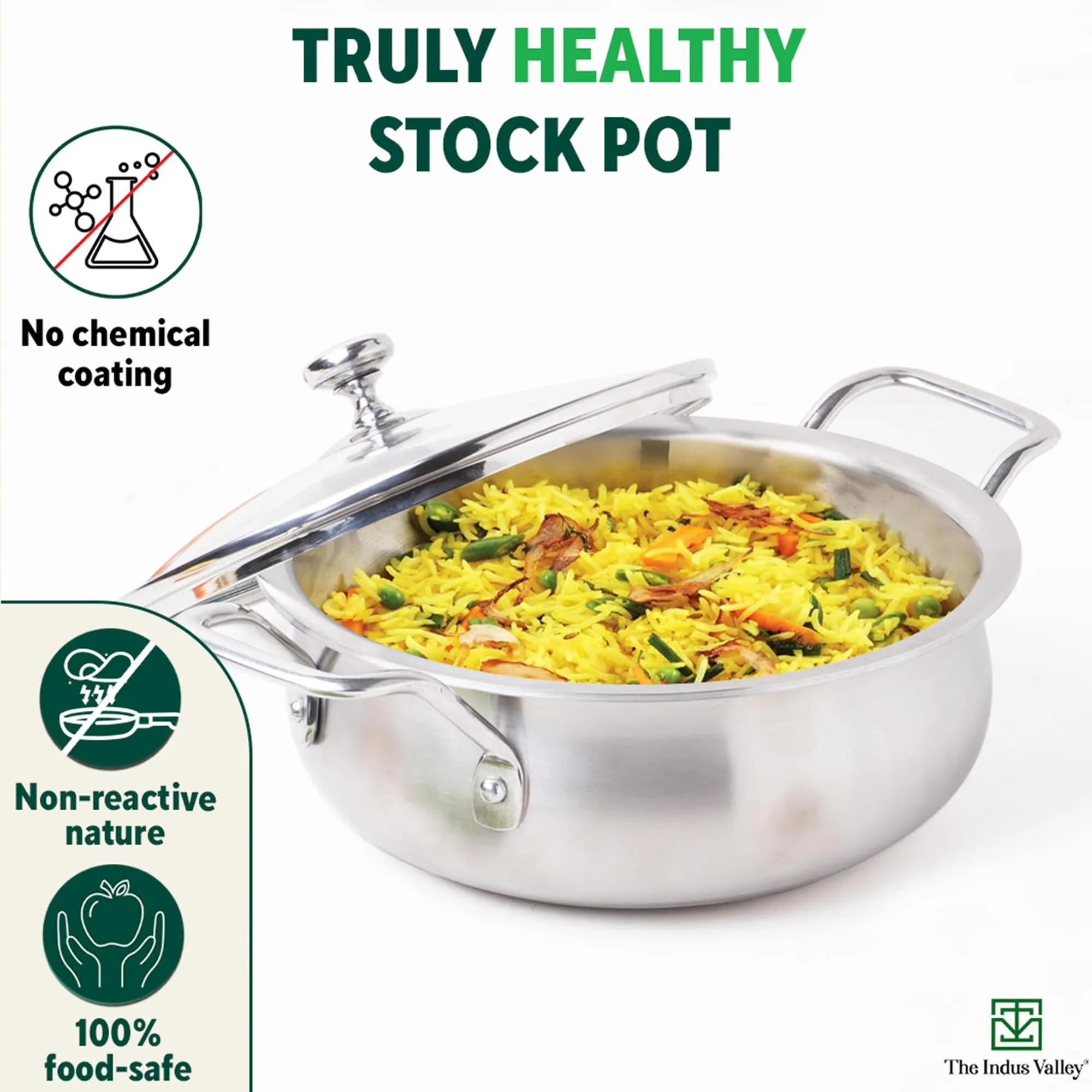 The Indus Valley Triply Stainless Steel Handi Shaped Stock Pot/Sauce Pot/Briyani Pot with Glass Lid | 24cm/9.4 inch, 2Ltr, 1.7kg | Induction Friendly | Nonstick 3-Layer Body, No Chemical Coating