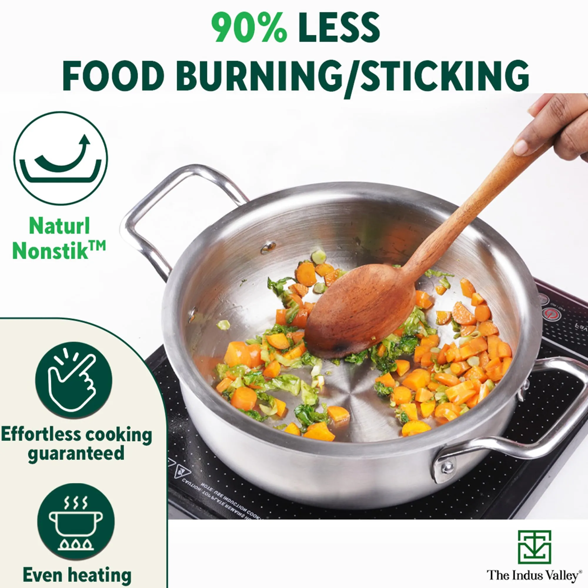 The Indus Valley Triply Stainless Steel Handi Shaped Stock Pot/Sauce Pot/Briyani Pot with Glass Lid | 24cm/9.4 inch, 2Ltr, 1.7kg | Induction Friendly | Nonstick 3-Layer Body, No Chemical Coating