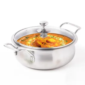 The Indus Valley Triply Stainless Steel Handi Shaped Stock Pot/Sauce Pot/Briyani Pot with Glass Lid | 24cm/9.4 inch, 2Ltr, 1.7kg | Induction Friendly | Nonstick 3-Layer Body, No Chemical Coating