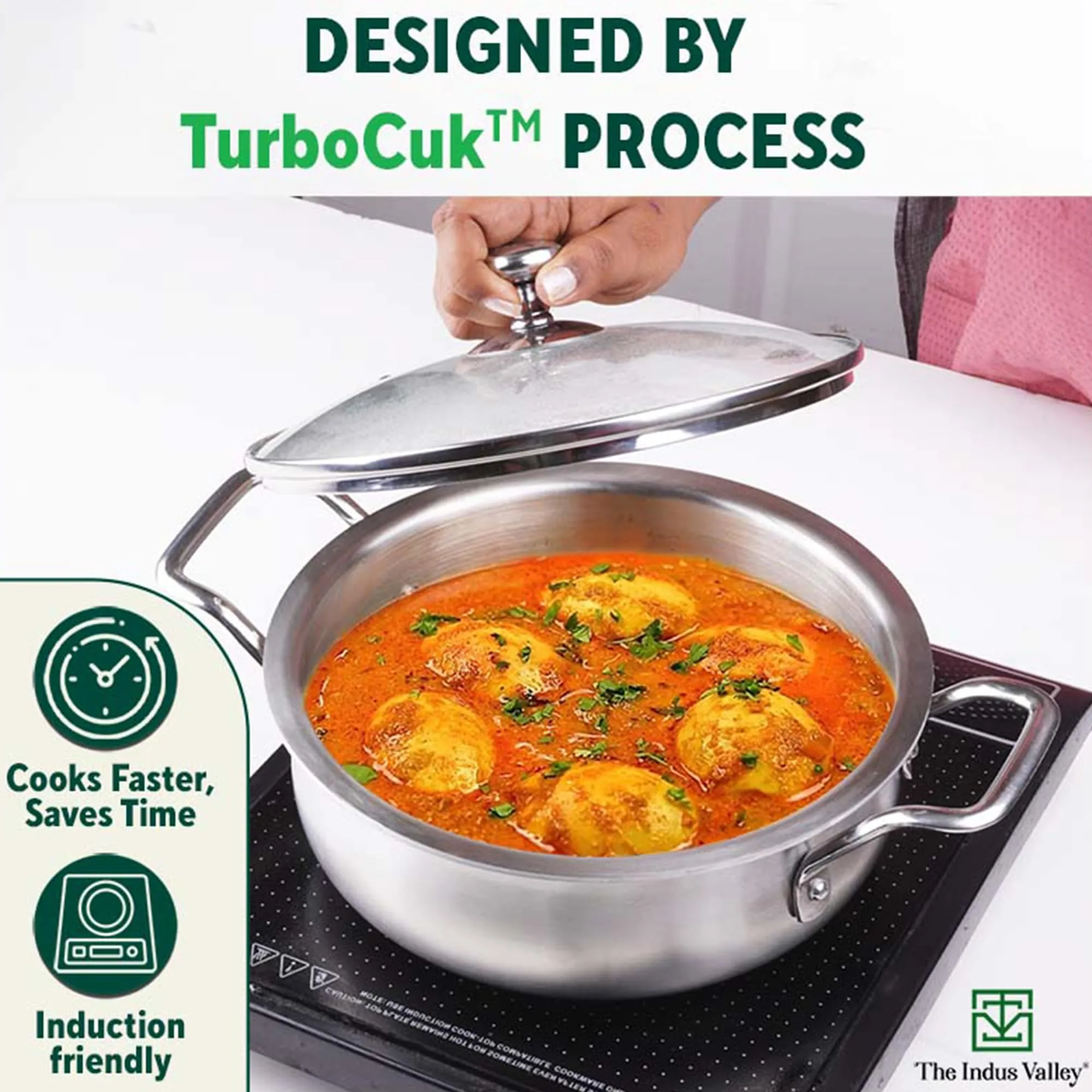 The Indus Valley Triply Stainless Steel Handi Shaped Stock Pot/Sauce Pot/Briyani Pot with Glass Lid | 24cm/9.4 inch, 2Ltr, 1.7kg | Induction Friendly | Nonstick 3-Layer Body, No Chemical Coating