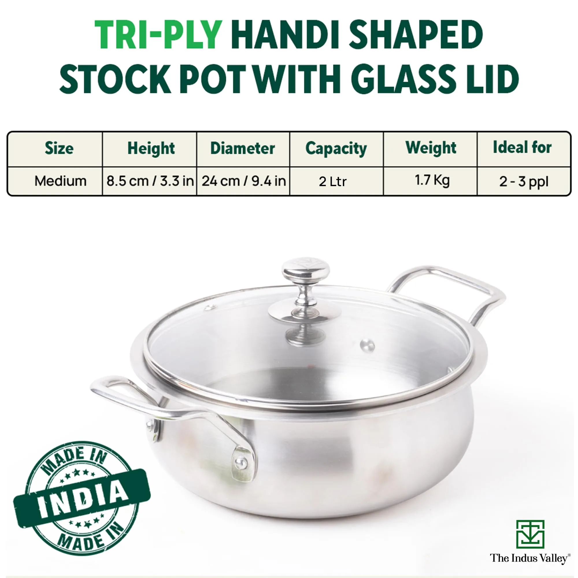 The Indus Valley Triply Stainless Steel Handi Shaped Stock Pot/Sauce Pot/Briyani Pot with Glass Lid | 24cm/9.4 inch, 2Ltr, 1.7kg | Induction Friendly | Nonstick 3-Layer Body, No Chemical Coating