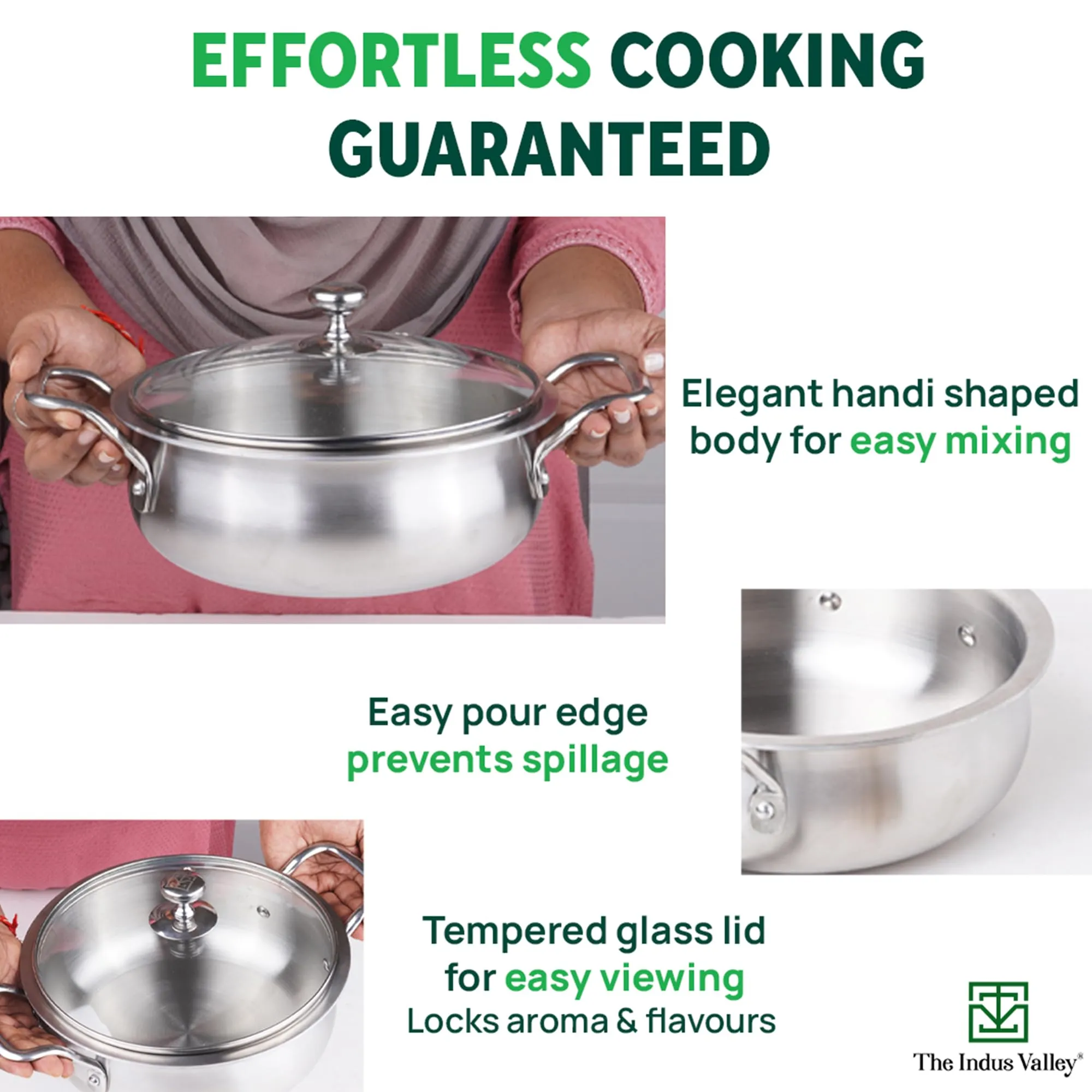 The Indus Valley Triply Stainless Steel Handi Shaped Stock Pot/Sauce Pot/Briyani Pot with Glass Lid | 24cm/9.4 inch, 2Ltr, 1.7kg | Induction Friendly | Nonstick 3-Layer Body, No Chemical Coating