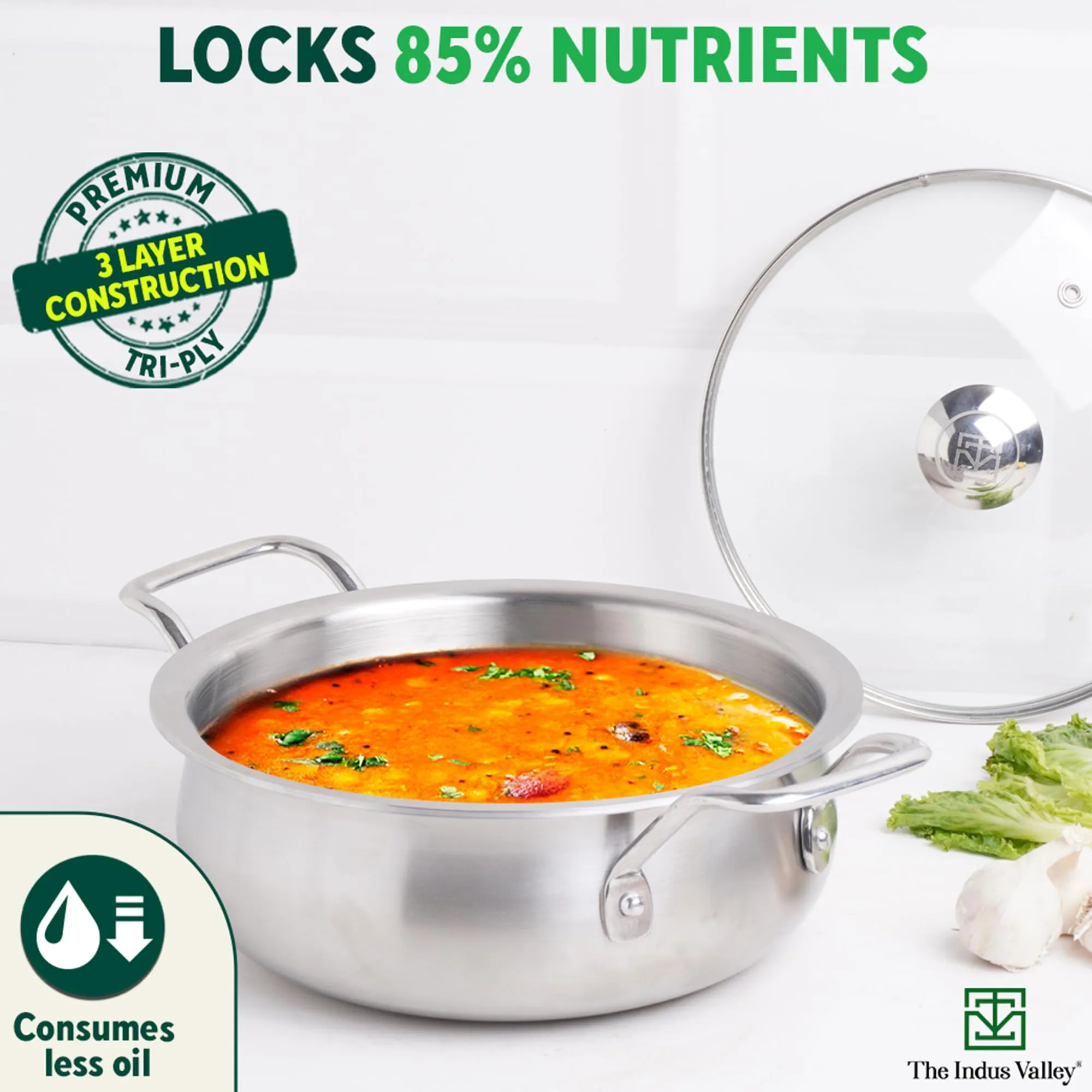 The Indus Valley Triply Stainless Steel Handi Shaped Stock Pot/Sauce Pot/Briyani Pot with Glass Lid | 24cm/9.4 inch, 2Ltr, 1.7kg | Induction Friendly | Nonstick 3-Layer Body, No Chemical Coating