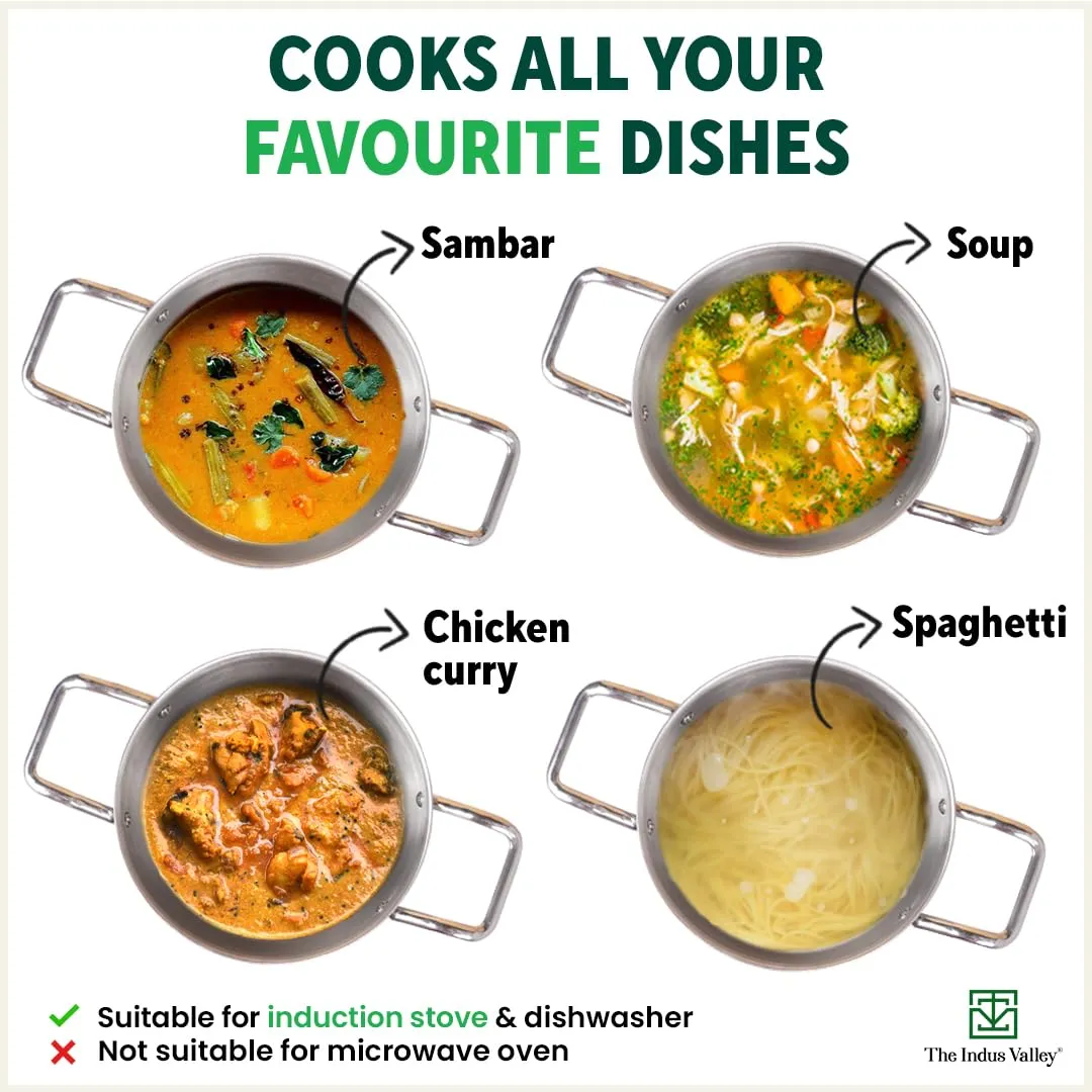 The Indus Valley Triply Stainless Steel Stock Pot with Glass Lid | 22cm/8.7 inch, 6.5Ltr, 2.3kg | Induction Friendly | Nonstick 3-Layer Body, 100% Pure & Toxin-Free, No Chemical Coating