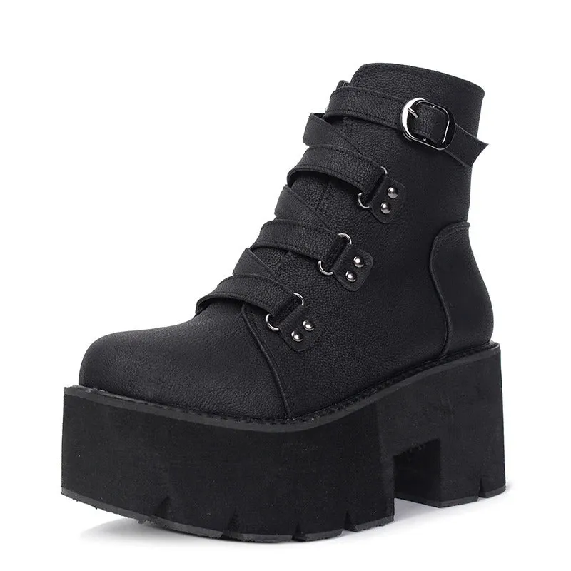Thick Heeled Ankle Boots with Buckle Platform Square High Heels