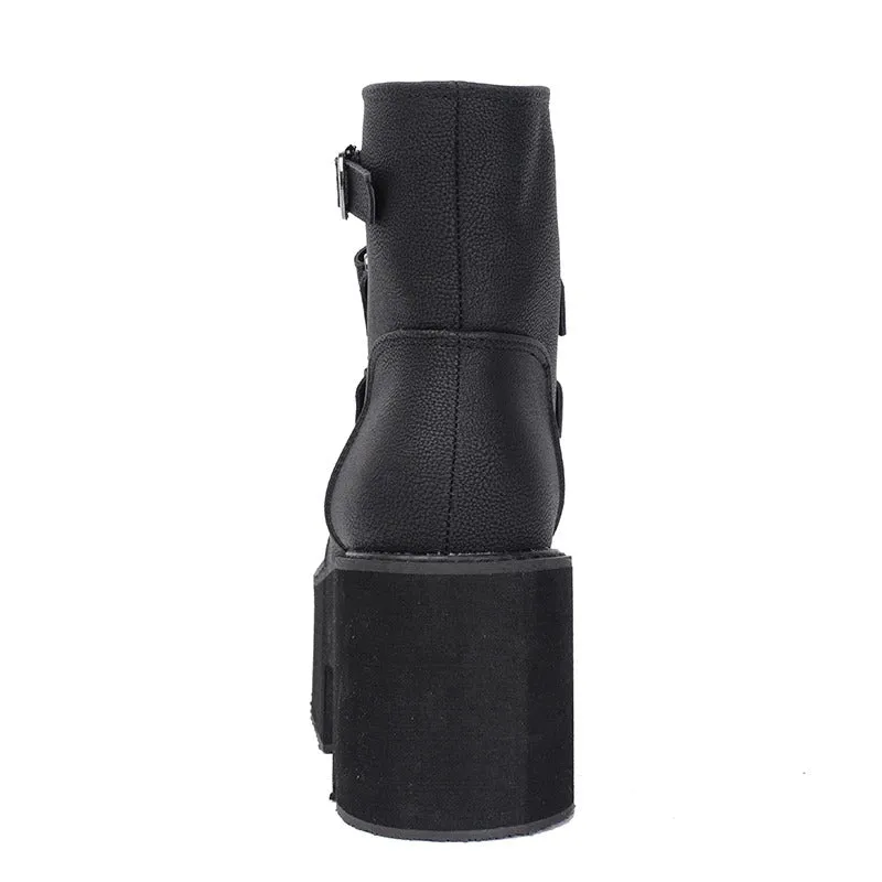 Thick Heeled Ankle Boots with Buckle Platform Square High Heels