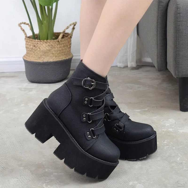 Thick Heeled Ankle Boots with Buckle Platform Square High Heels