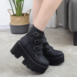 Thick Heeled Ankle Boots with Buckle Platform Square High Heels