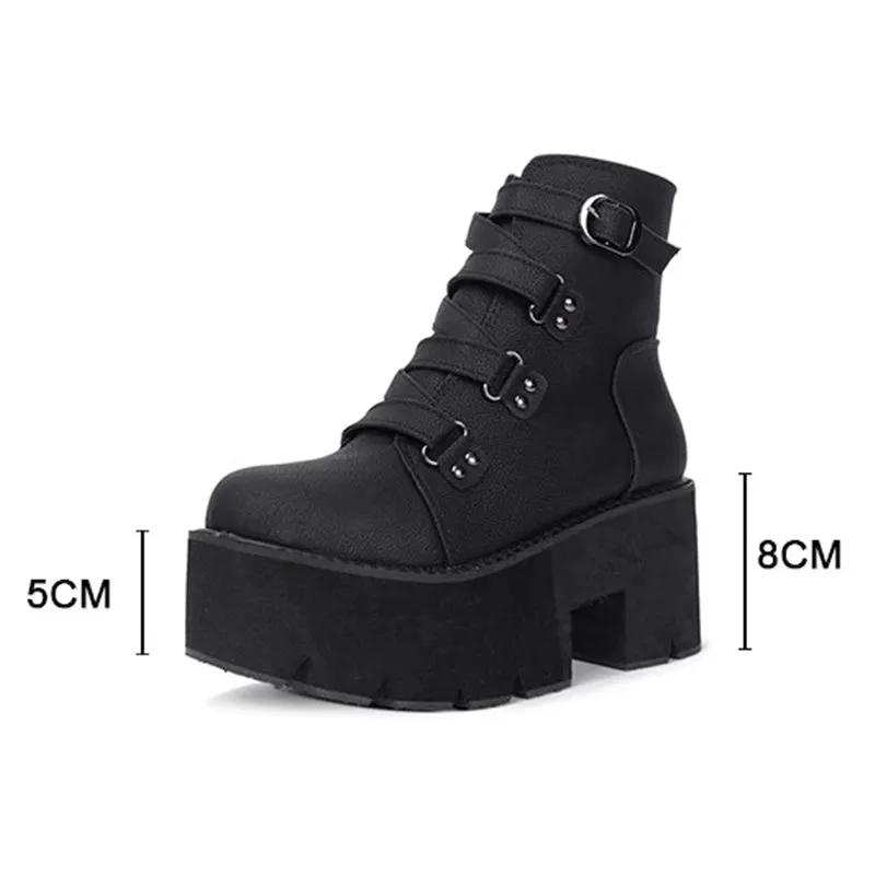 Thick Heeled Ankle Boots with Buckle Platform Square High Heels