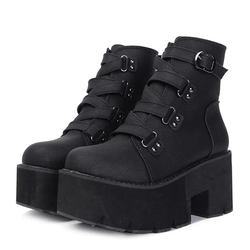 Thick Heeled Ankle Boots with Buckle Platform Square High Heels